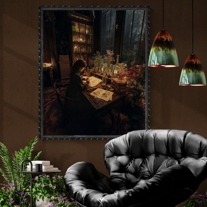 Dark academia painting of a scholar studying botanical drawings surrounded by herbs and glass bottles.