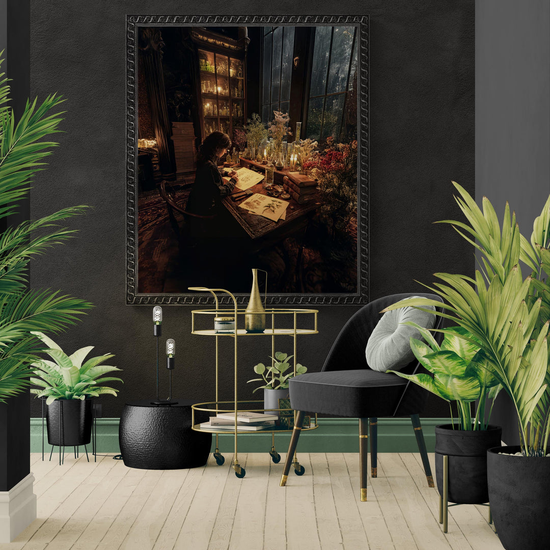 Dark academia painting of a scholar studying botanical drawings surrounded by herbs and glass bottles.