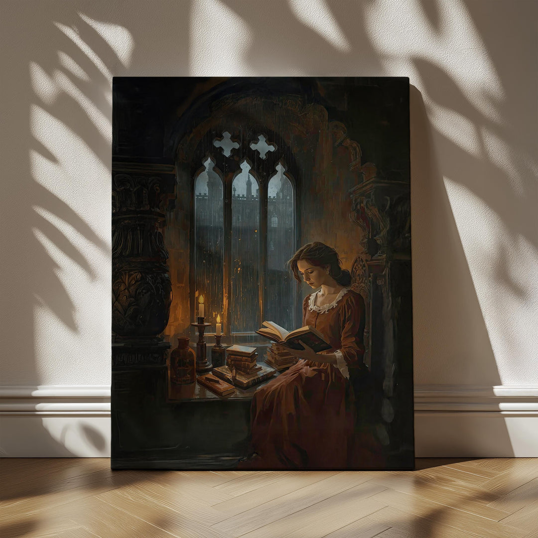 Dark academia painting of a woman reading books beside a candlelit gothic window during rainfall.