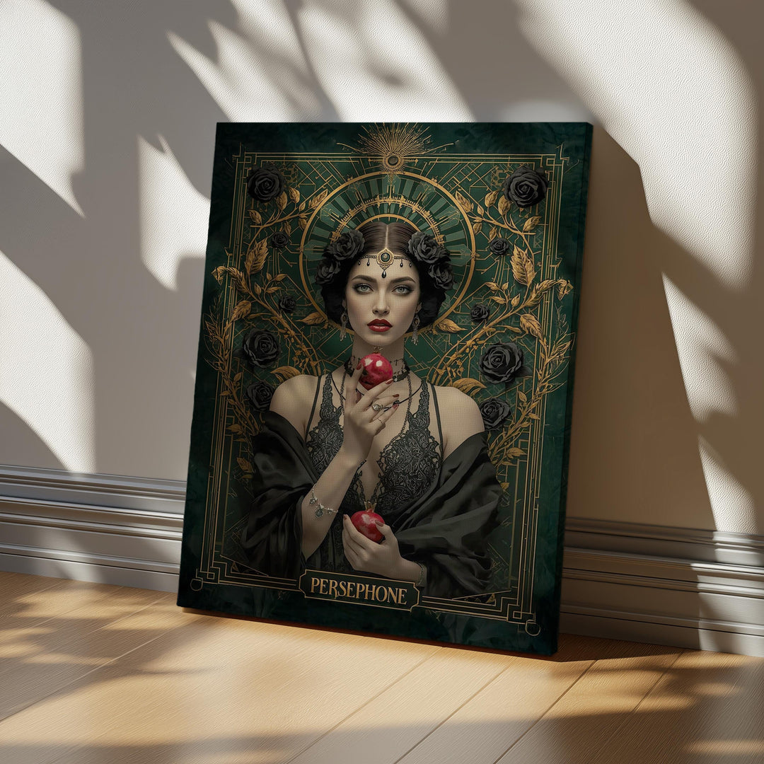 Art Nouveau style Persephone goddess portrait surrounded by black roses and gold filigree, holding a pomegranate against a deep emerald background in dark academia aesthetic.