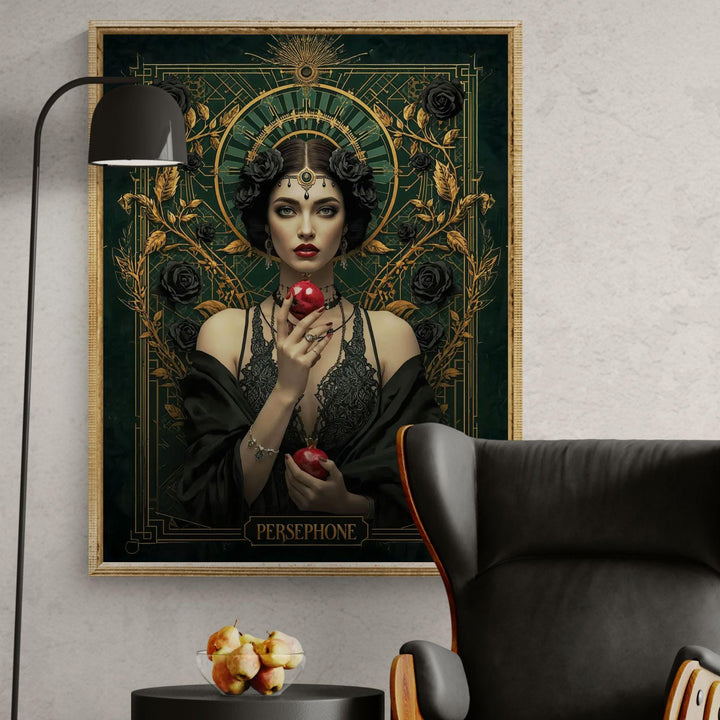Art Nouveau style Persephone goddess portrait surrounded by black roses and gold filigree, holding a pomegranate against a deep emerald background in dark academia aesthetic.