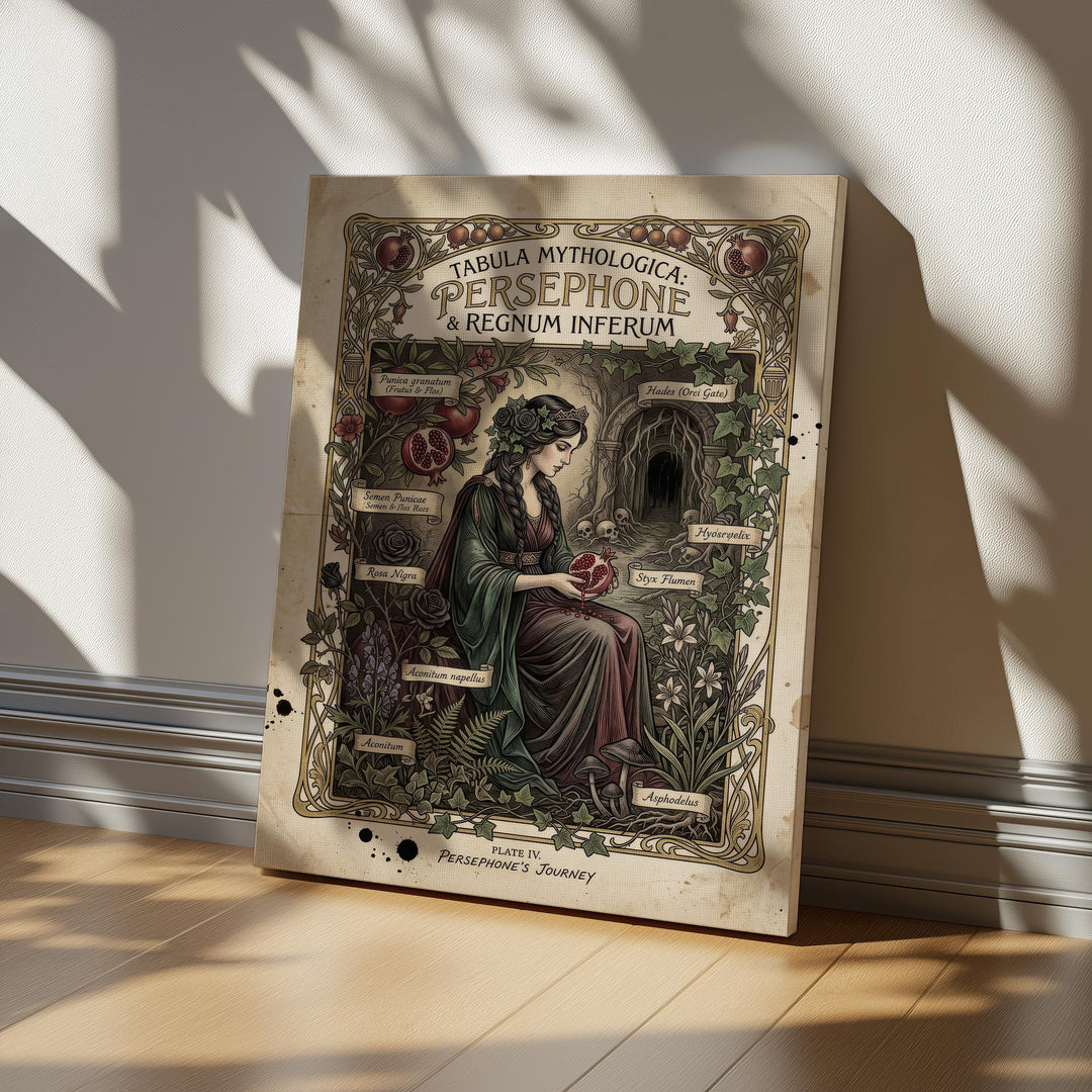 Dark academia Persephone mythology illustration designed like an antique botanical plate, featuring the Greek goddess holding a pomegranate surrounded by labeled gothic plants and an underworld entrance in vintage manuscript style.