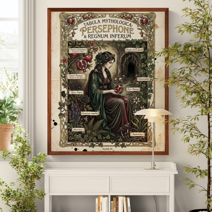 Dark academia Persephone mythology illustration designed like an antique botanical plate, featuring the Greek goddess holding a pomegranate surrounded by labeled gothic plants and an underworld entrance in vintage manuscript style.