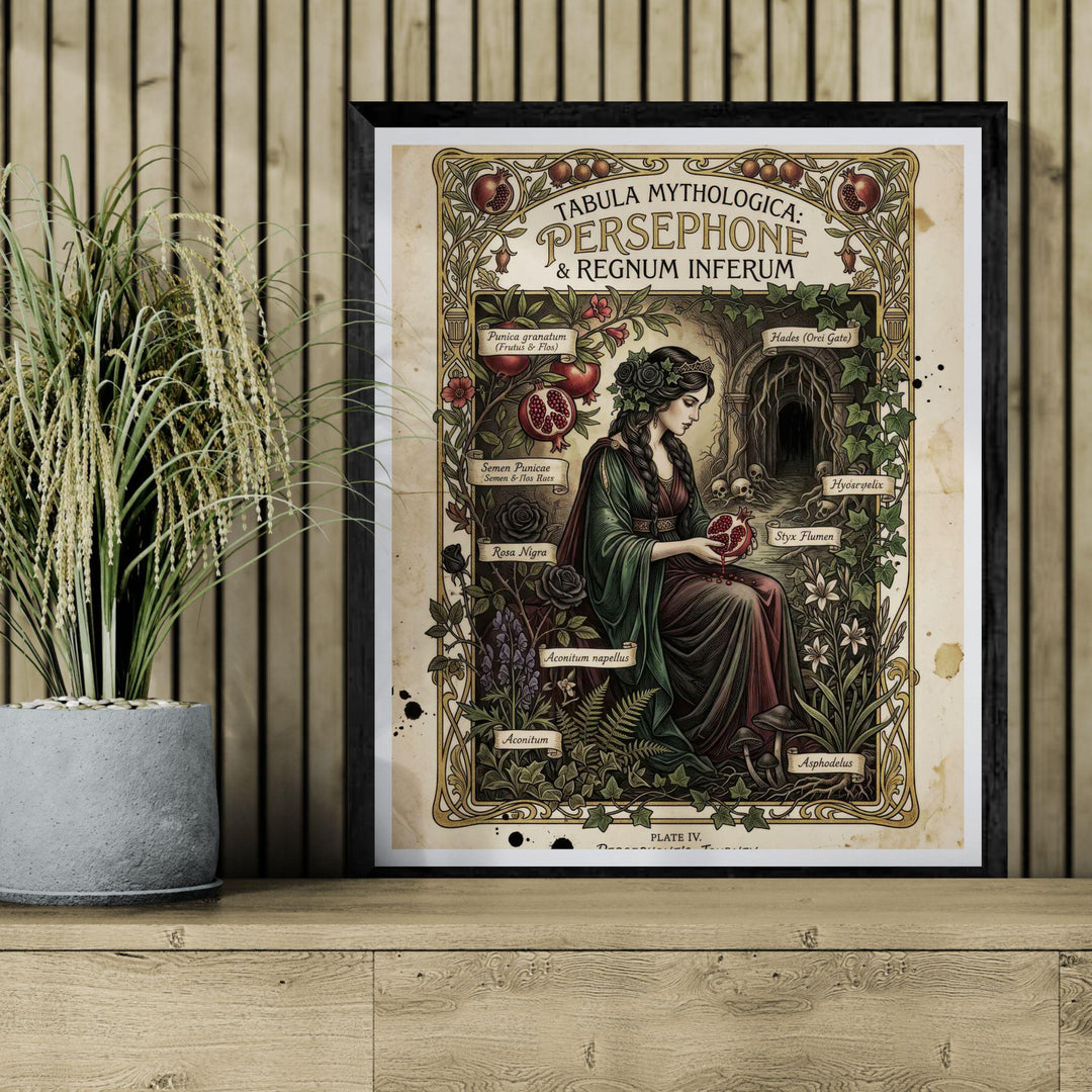 Dark academia Persephone mythology illustration designed like an antique botanical plate, featuring the Greek goddess holding a pomegranate surrounded by labeled gothic plants and an underworld entrance in vintage manuscript style.