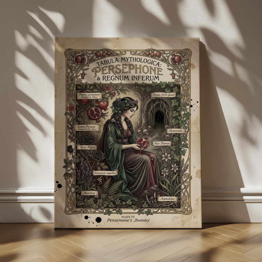 Dark academia Persephone mythology illustration designed like an antique botanical plate, featuring the Greek goddess holding a pomegranate surrounded by labeled gothic plants and an underworld entrance in vintage manuscript style.