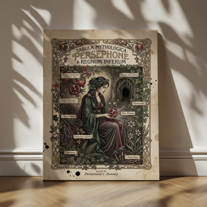 Dark academia Persephone mythology illustration designed like an antique botanical plate, featuring the Greek goddess holding a pomegranate surrounded by labeled gothic plants and an underworld entrance in vintage manuscript style.