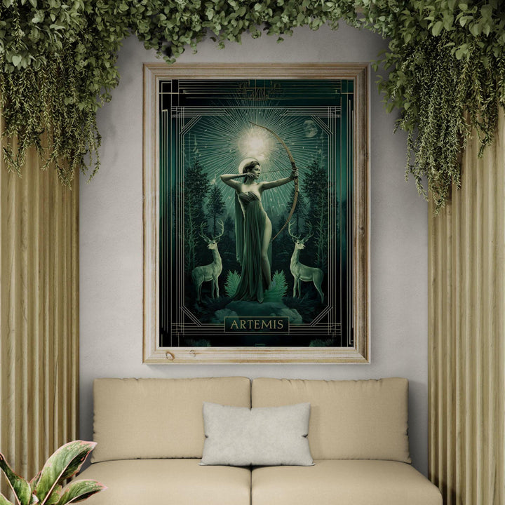 Elegant Art Deco style depiction of the Greek huntress goddess Artemis drawing her bow beneath a radiant celestial halo, standing in a mystical forest with sacred deer guardians and moonlit atmosphere.