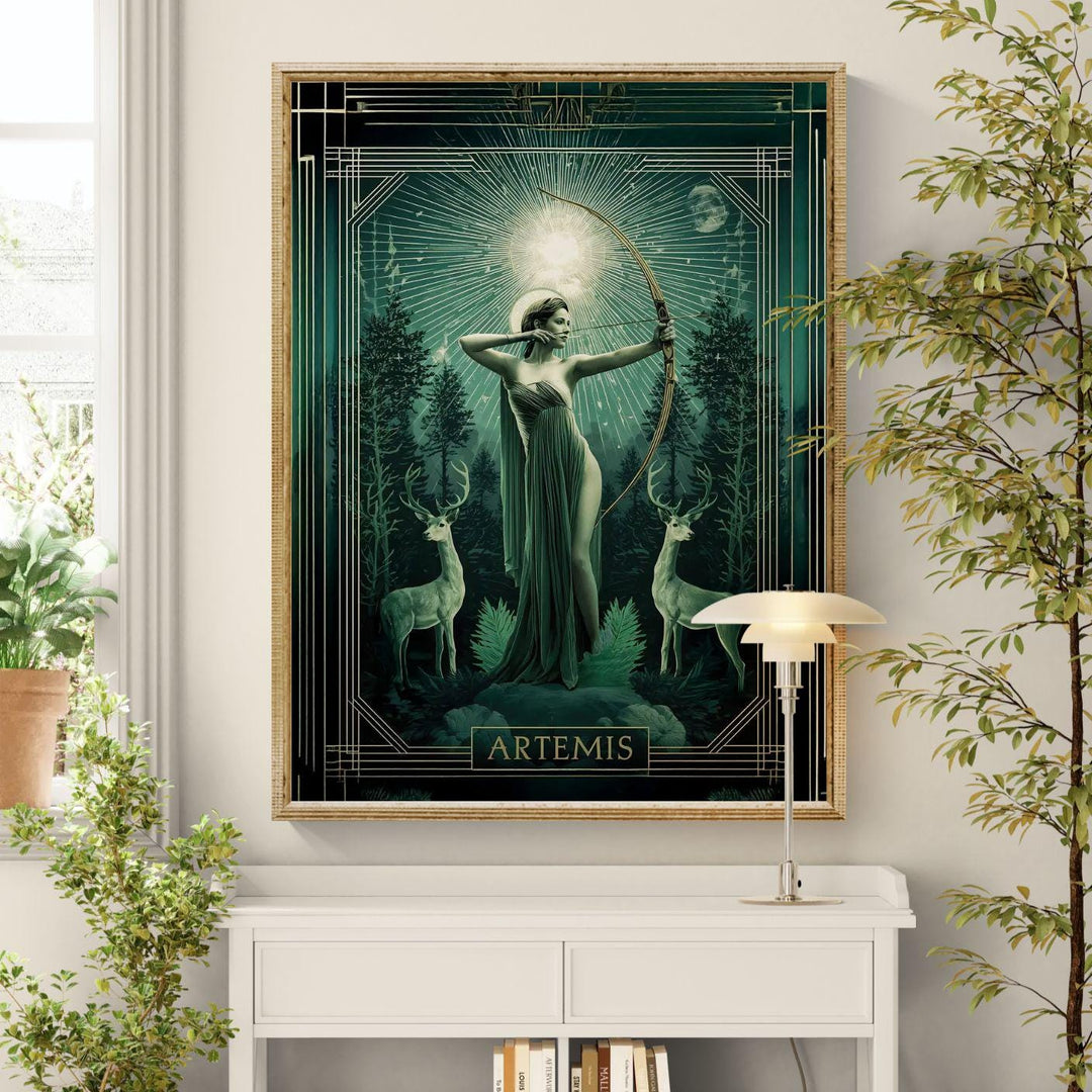 Elegant Art Deco style depiction of the Greek huntress goddess Artemis drawing her bow beneath a radiant celestial halo, standing in a mystical forest with sacred deer guardians and moonlit atmosphere.