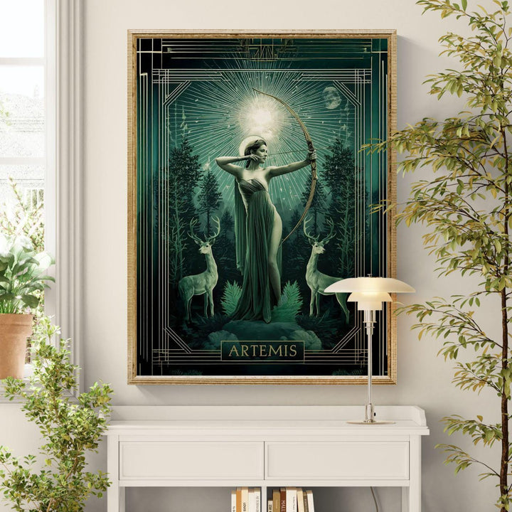 Elegant Art Deco style depiction of the Greek huntress goddess Artemis drawing her bow beneath a radiant celestial halo, standing in a mystical forest with sacred deer guardians and moonlit atmosphere.