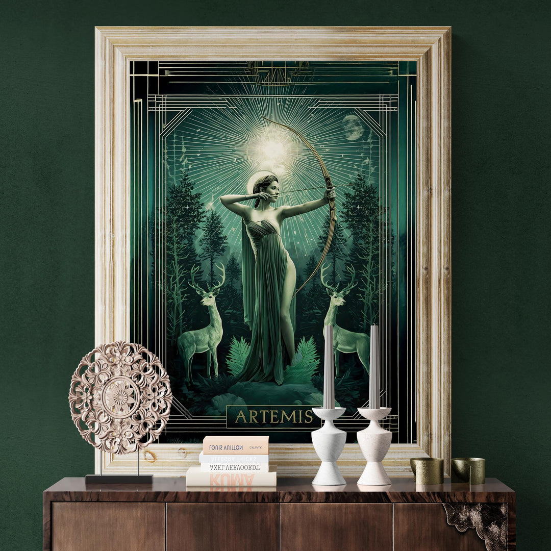 Elegant Art Deco style depiction of the Greek huntress goddess Artemis drawing her bow beneath a radiant celestial halo, standing in a mystical forest with sacred deer guardians and moonlit atmosphere.