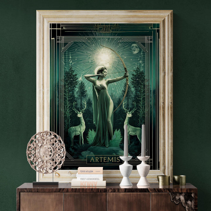 Elegant Art Deco style depiction of the Greek huntress goddess Artemis drawing her bow beneath a radiant celestial halo, standing in a mystical forest with sacred deer guardians and moonlit atmosphere.