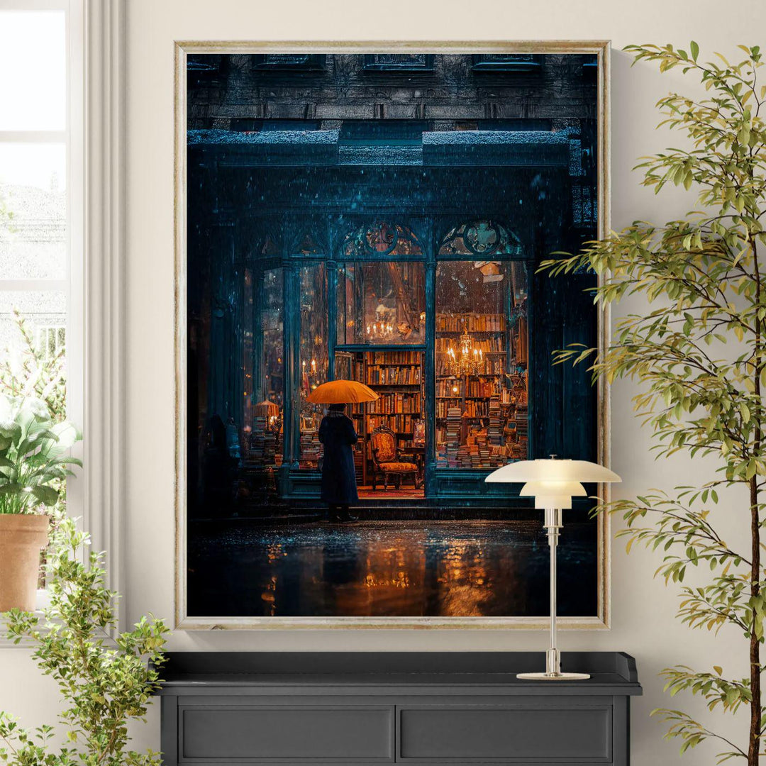 Atmospheric dark academia artwork depicting a rainy evening outside a vintage bookstore filled with candlelight and towering shelves of books, with a lone figure holding an orange umbrella standing on the wet street reflecting warm golden light.