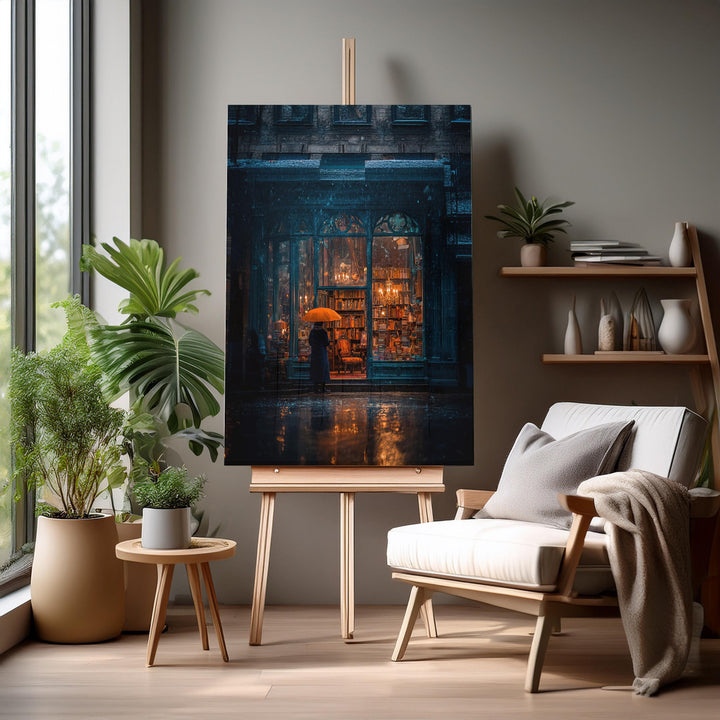 Atmospheric dark academia artwork depicting a rainy evening outside a vintage bookstore filled with candlelight and towering shelves of books, with a lone figure holding an orange umbrella standing on the wet street reflecting warm golden light.