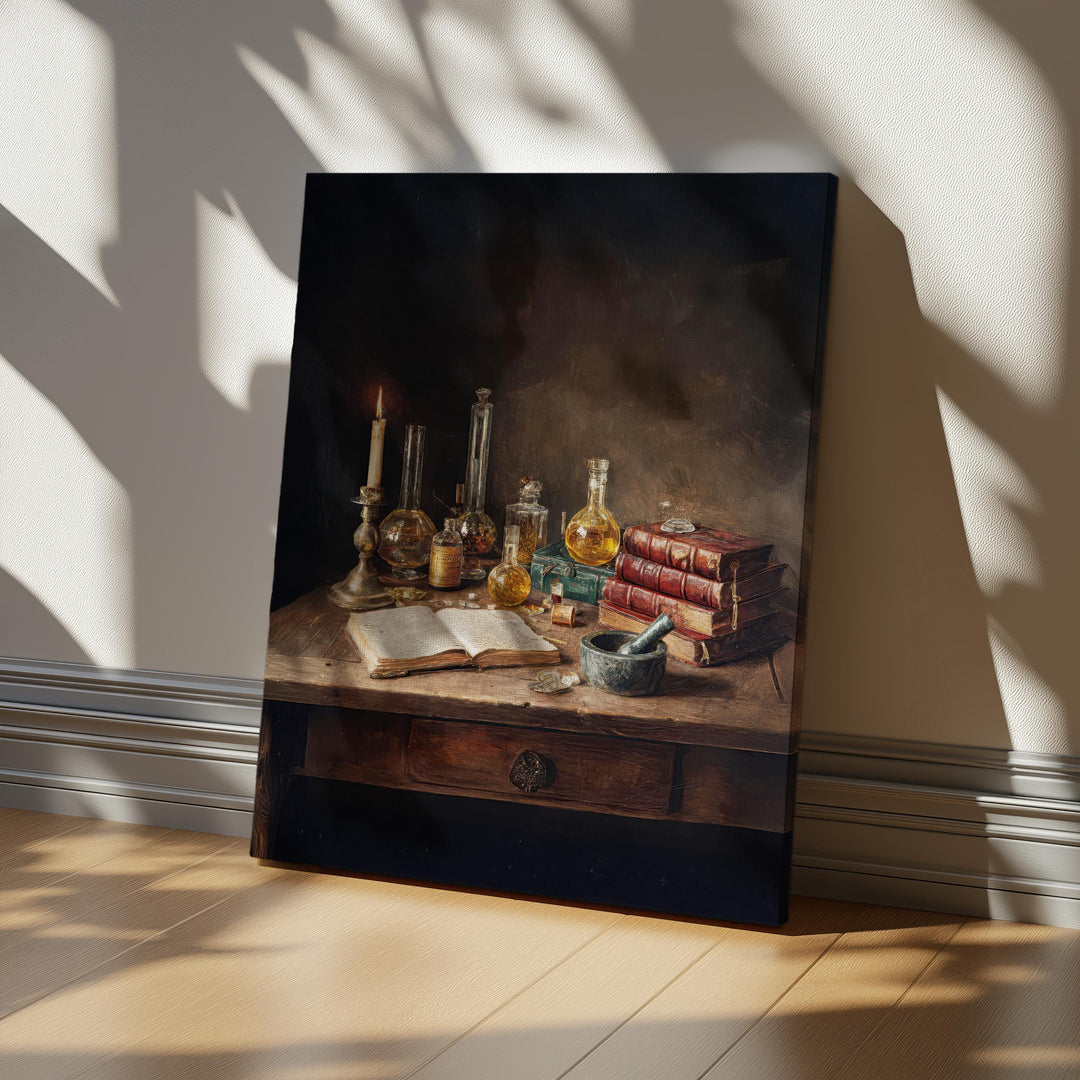 Dark academia artwork depicting a Victorian alchemist’s desk with candlelight, antique books, handwritten notes, and vintage laboratory glass bottles filled with golden liquids on a wooden table.