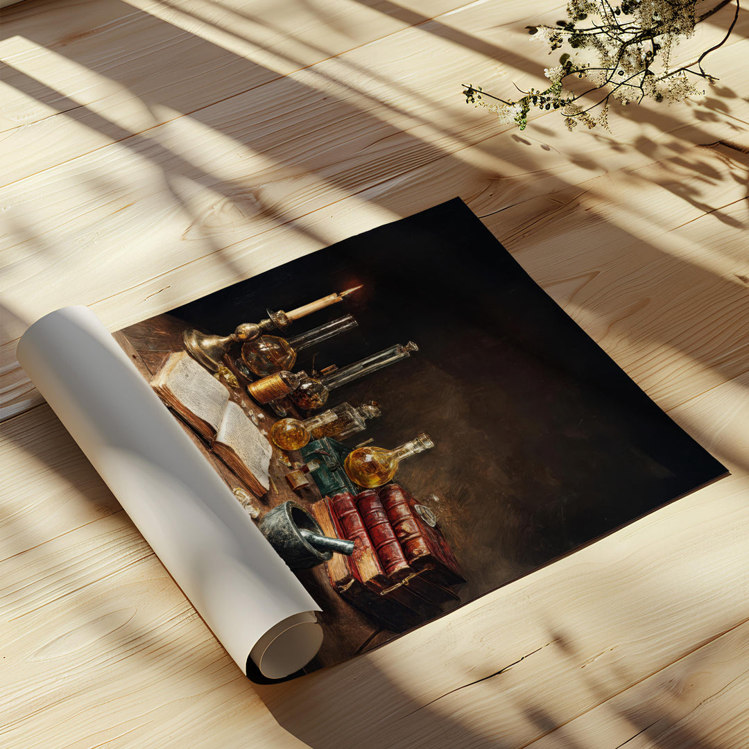 Victorian Alchemist Study Wall Art Canvas Print -  Dark Academia Laboratory Still Life