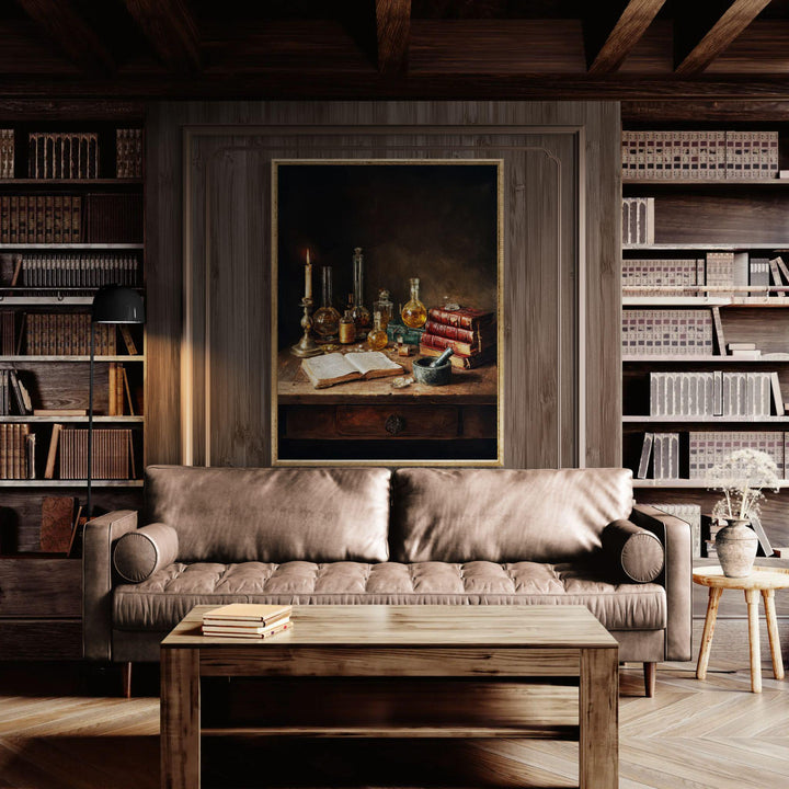 Dark academia artwork depicting a Victorian alchemist’s desk with candlelight, antique books, handwritten notes, and vintage laboratory glass bottles filled with golden liquids on a wooden table.