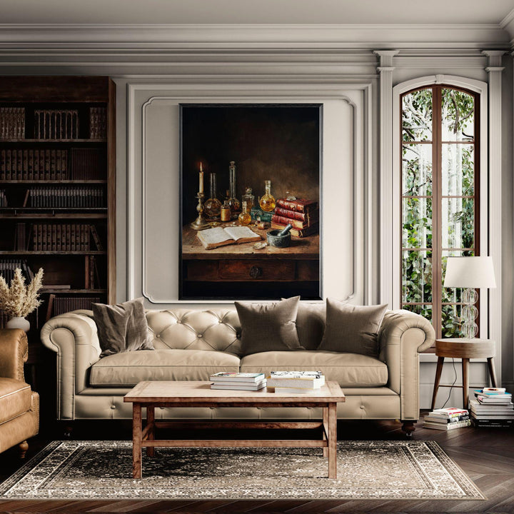 Dark academia artwork depicting a Victorian alchemist’s desk with candlelight, antique books, handwritten notes, and vintage laboratory glass bottles filled with golden liquids on a wooden table.