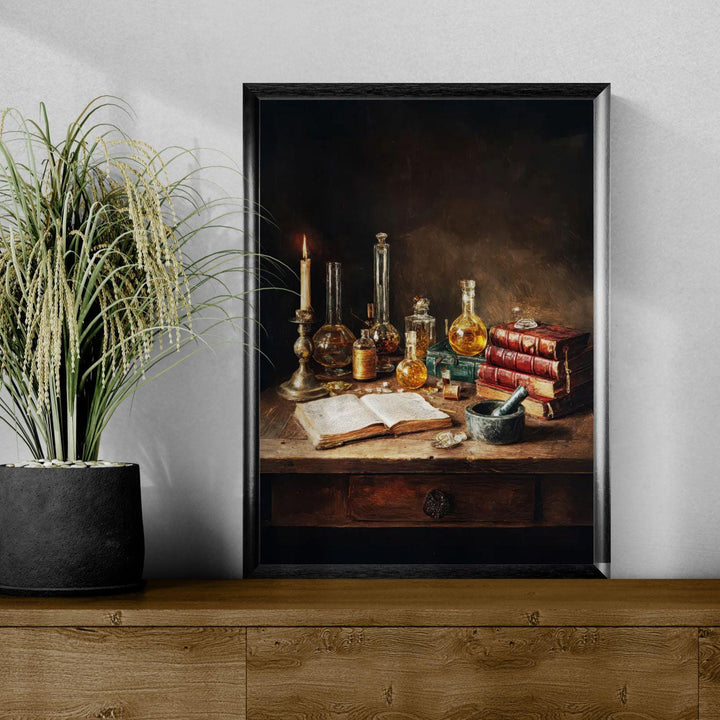 Dark academia artwork depicting a Victorian alchemist’s desk with candlelight, antique books, handwritten notes, and vintage laboratory glass bottles filled with golden liquids on a wooden table.