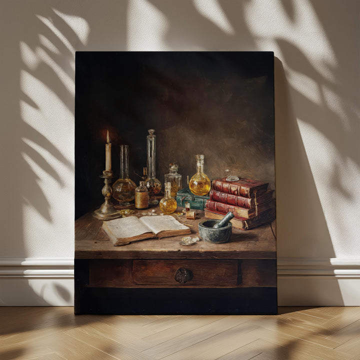 Dark academia artwork depicting a Victorian alchemist’s desk with candlelight, antique books, handwritten notes, and vintage laboratory glass bottles filled with golden liquids on a wooden table.