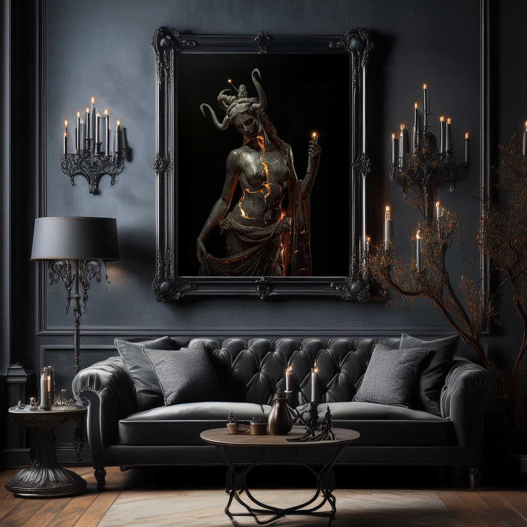 Mythological artwork depicting the Greek goddess Hecate as a dark statue with horns and glowing molten cracks across her stone body while holding candles in a dramatic gothic setting.