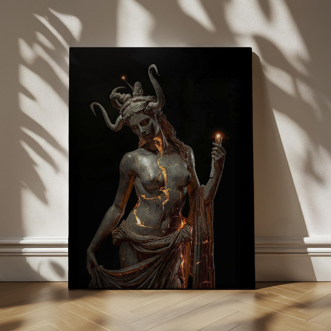 Mythological artwork depicting the Greek goddess Hecate as a dark statue with horns and glowing molten cracks across her stone body while holding candles in a dramatic gothic setting.