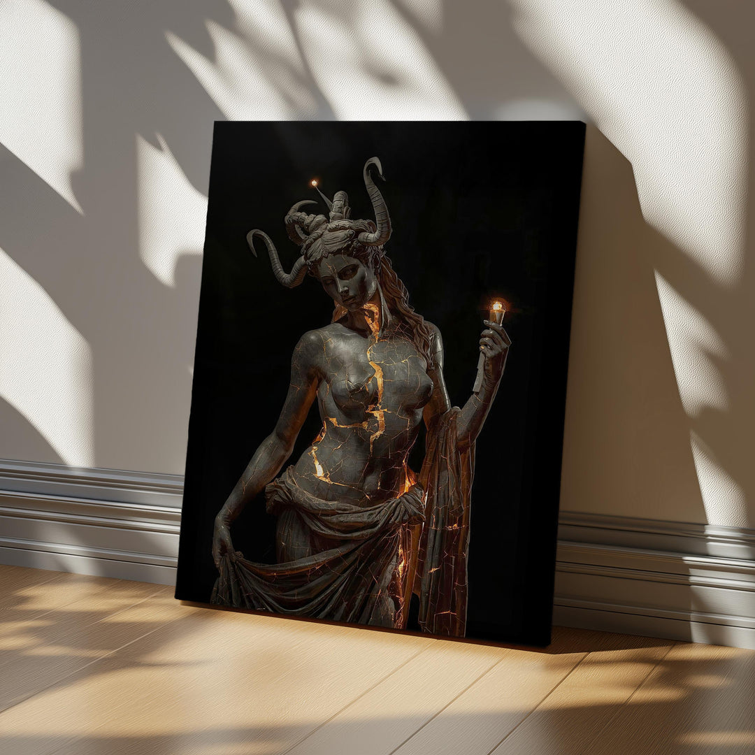 Mythological artwork depicting the Greek goddess Hecate as a dark statue with horns and glowing molten cracks across her stone body while holding candles in a dramatic gothic setting.