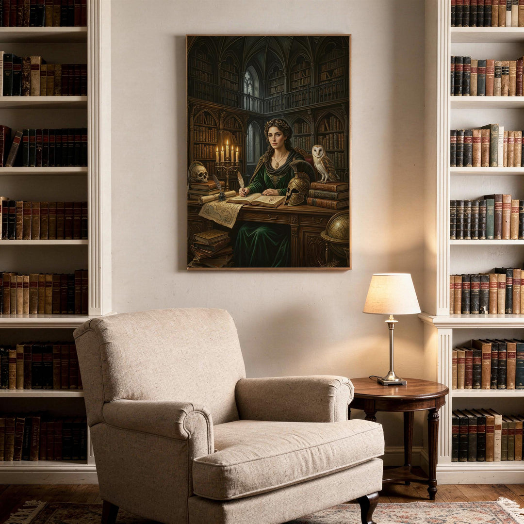 Dark academia artwork of the Greek goddess Athena writing in a gothic library filled with books, candles, maps, and an owl symbolizing wisdom.