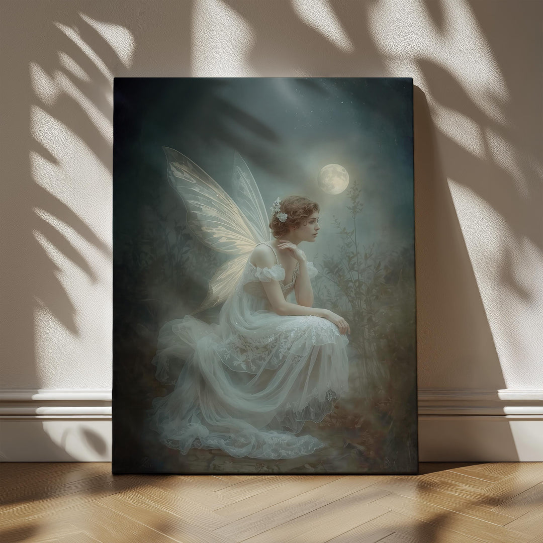 Vintage-inspired Victorian fairy wearing a flowing gown and glowing wings sitting peacefully in a misty moonlit forest scene.