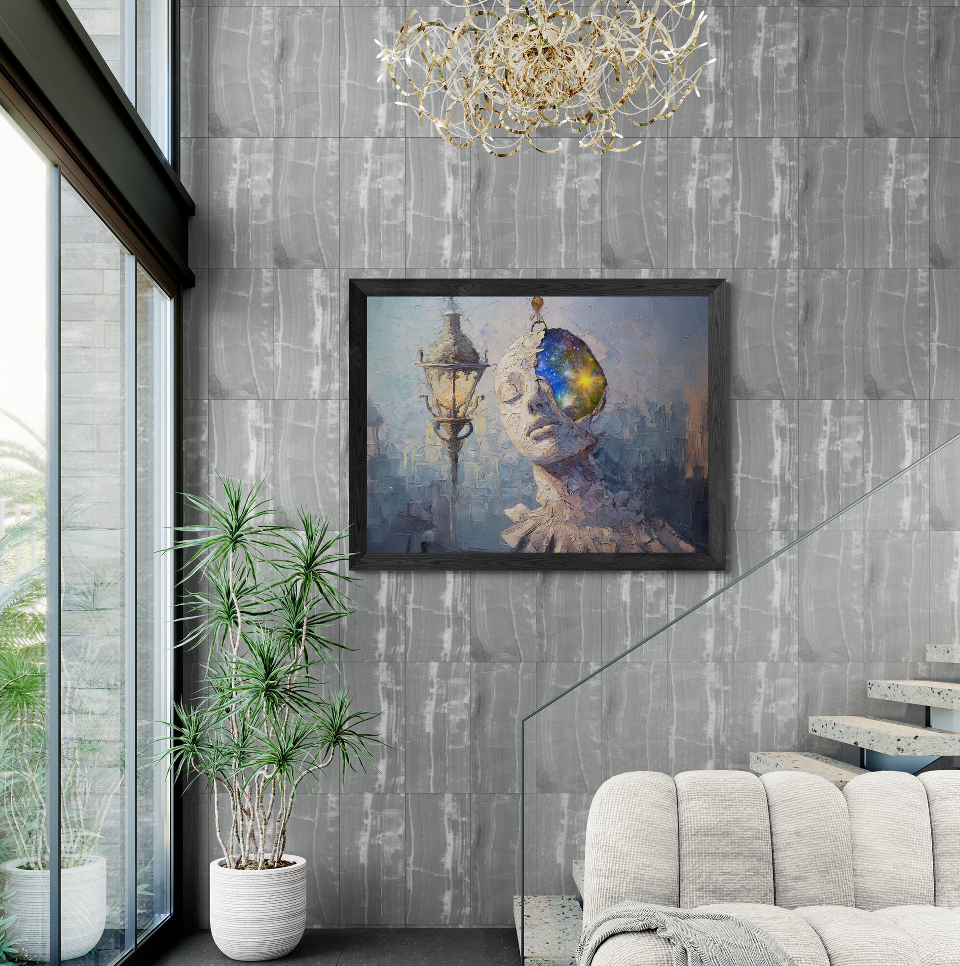 Framed artwork of a stylized face with a lamp on a textured wall in a modern living room.