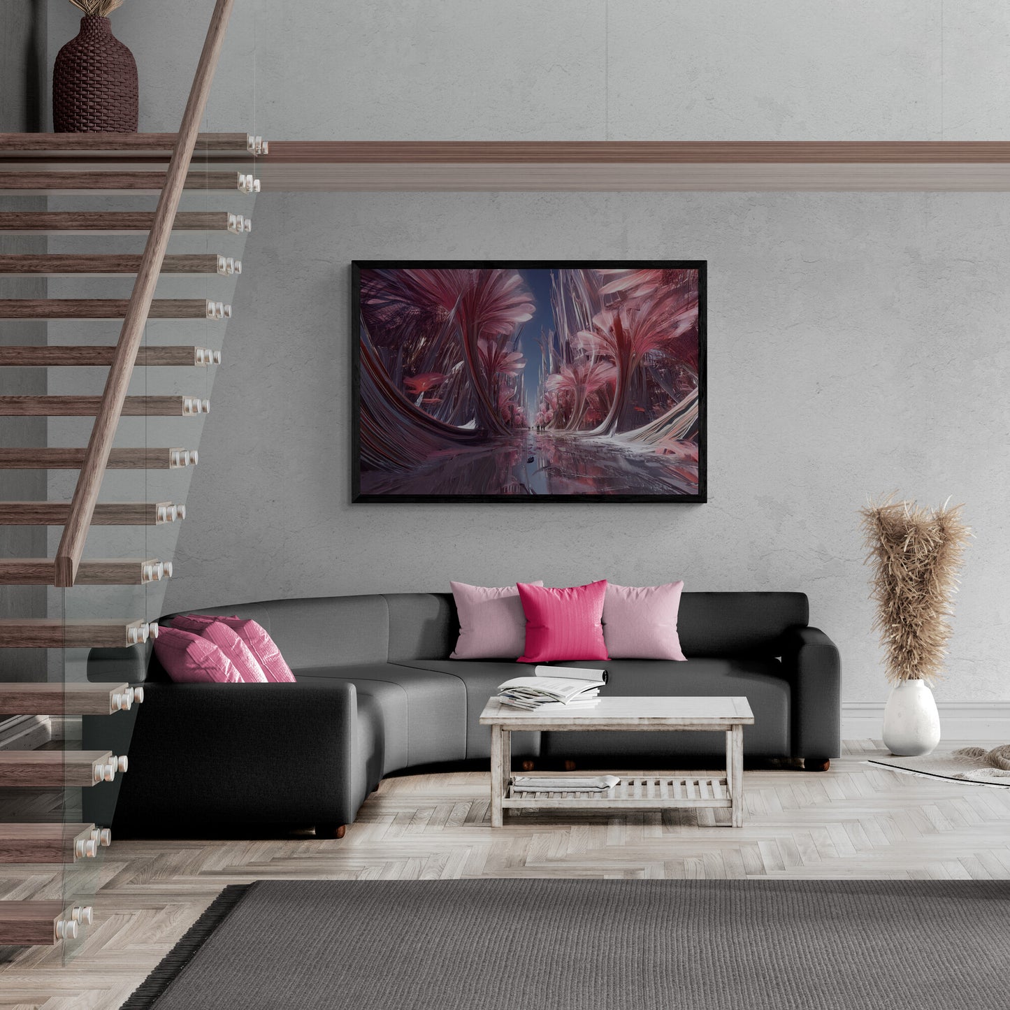 Modern living room with a black sofa, colorful pillows, and a Horizontal surreal canvas wall art with dreamy pink blossoms and crystal-like trees on the wall.