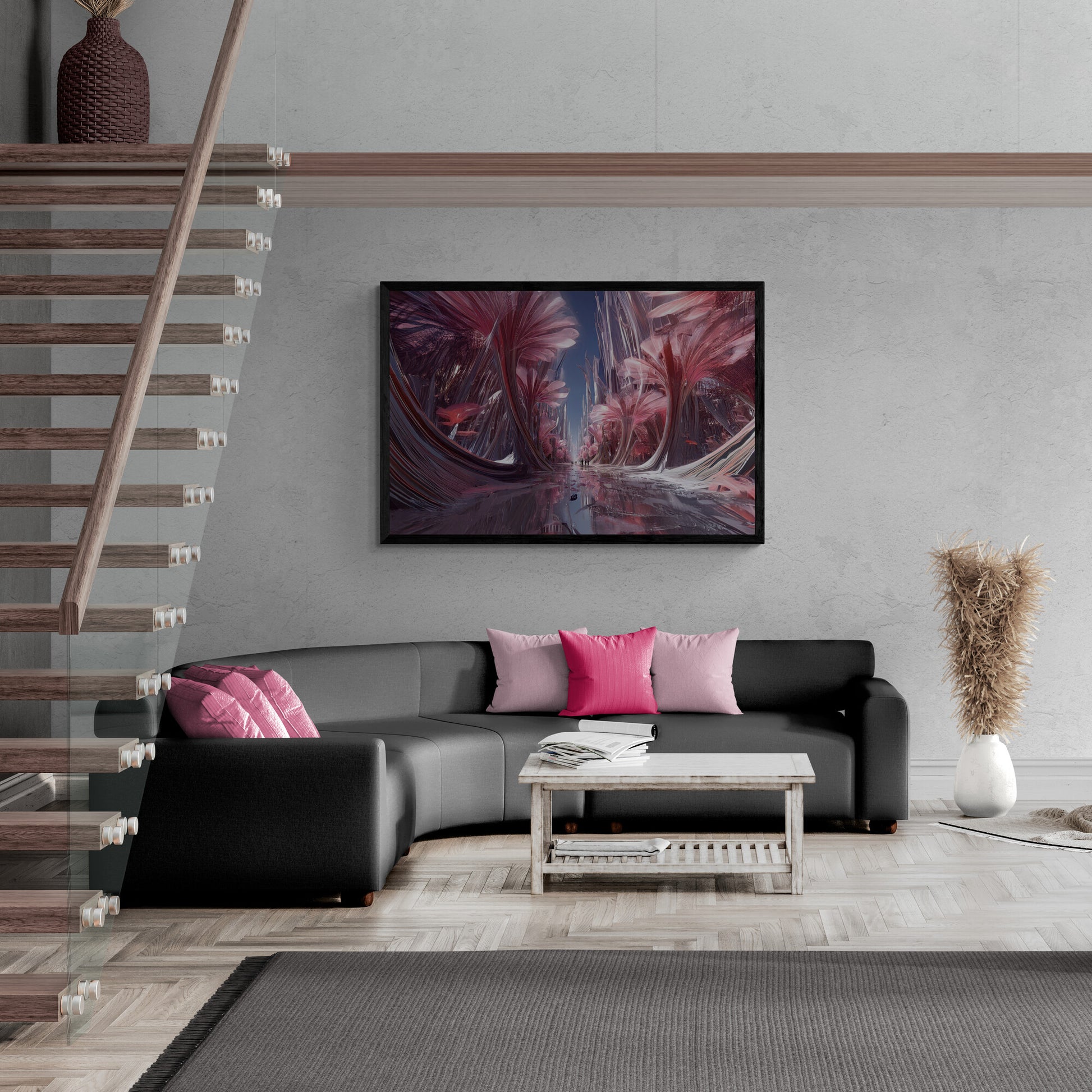 Modern living room with a black sofa, colorful pillows, and a Horizontal surreal canvas wall art with dreamy pink blossoms and crystal-like trees on the wall.