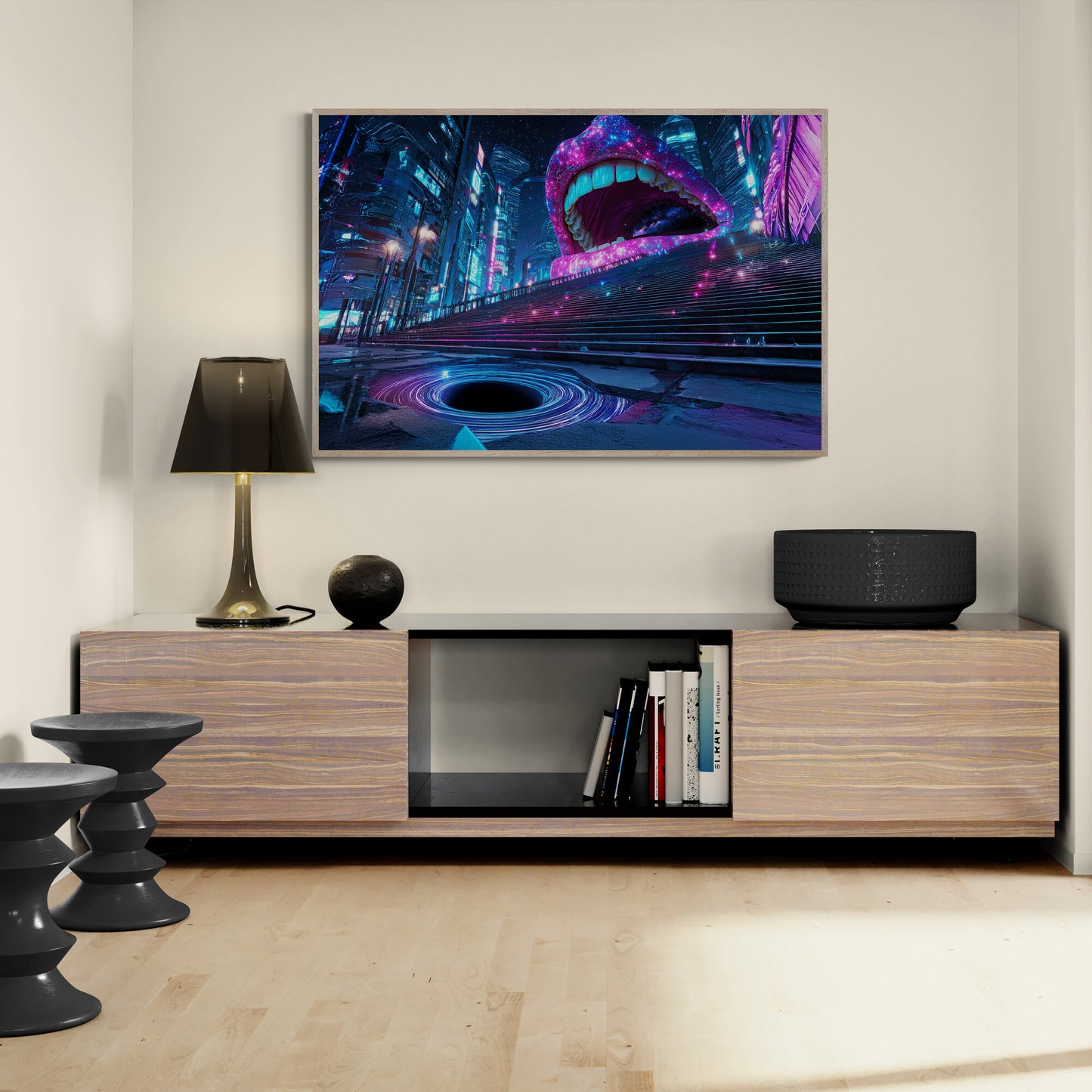 Bold cyberpunk fantasy canvas wall art with neon pink and blue lights, stairs, and surreal cosmic design