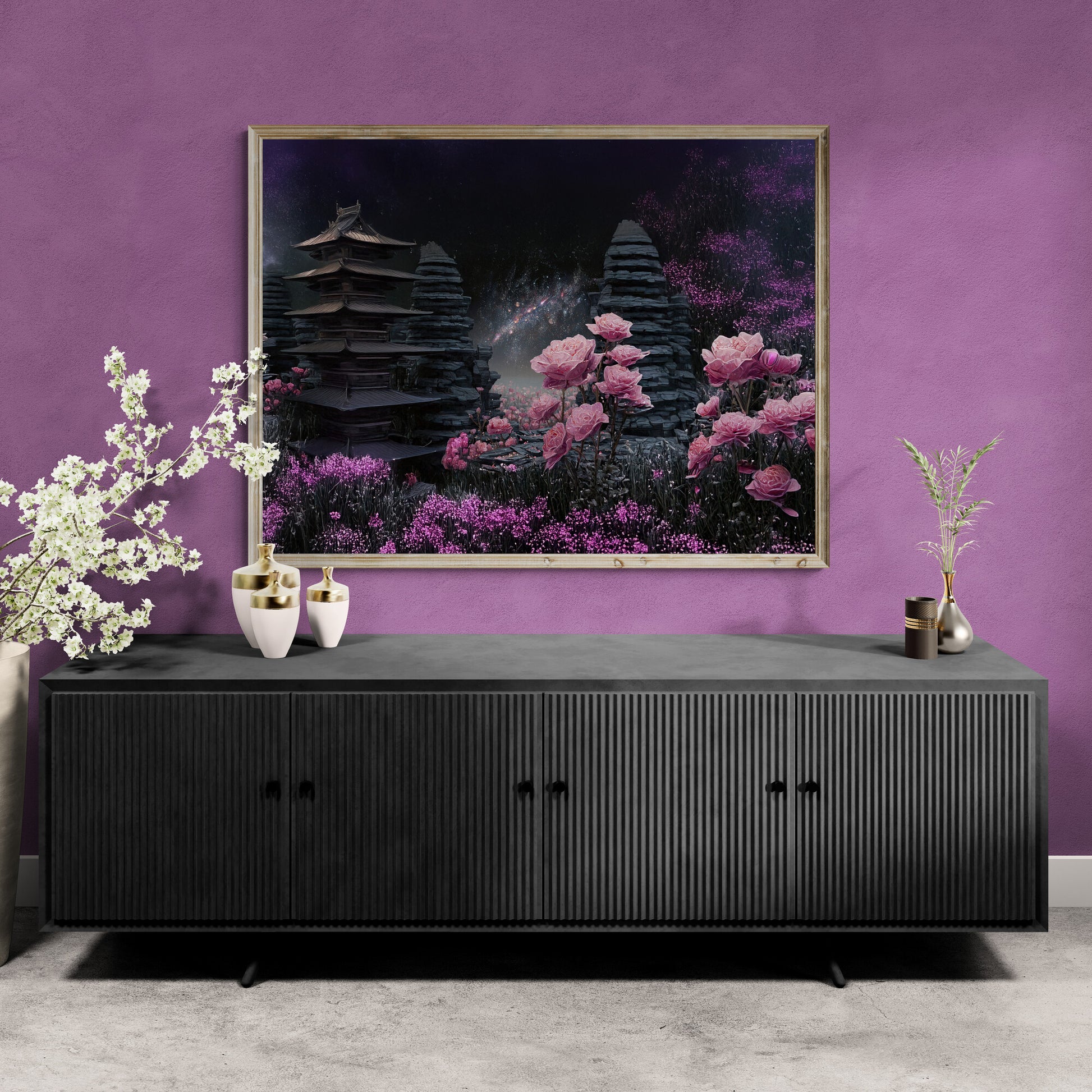 Celestial fantasy wall art featuring a starlit pagoda surrounded by luminous pink roses and galactic skies — a serene, dreamlike landscape for imaginative interiors