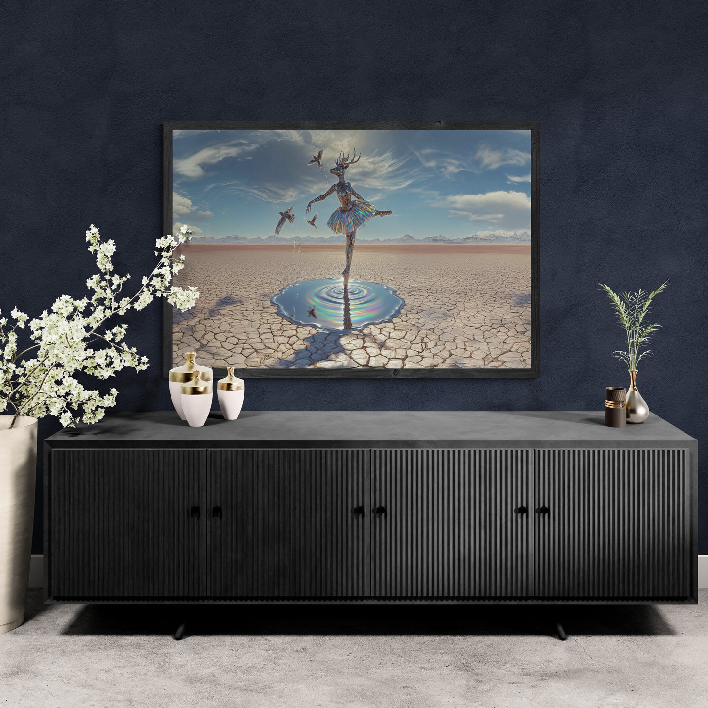 Horizontal deer ballerina canvas wall art, surreal fantasy dance print with dreamlike details above cabinet.