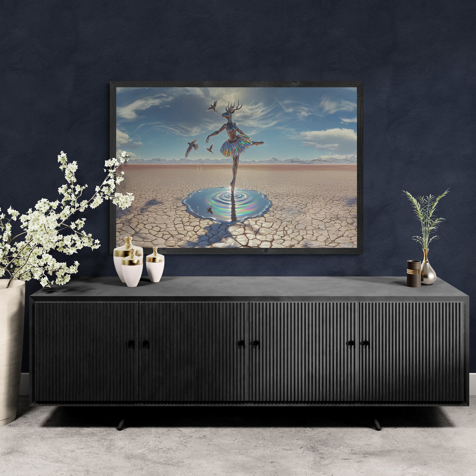 Horizontal deer ballerina canvas wall art, surreal fantasy dance print with dreamlike details above cabinet.