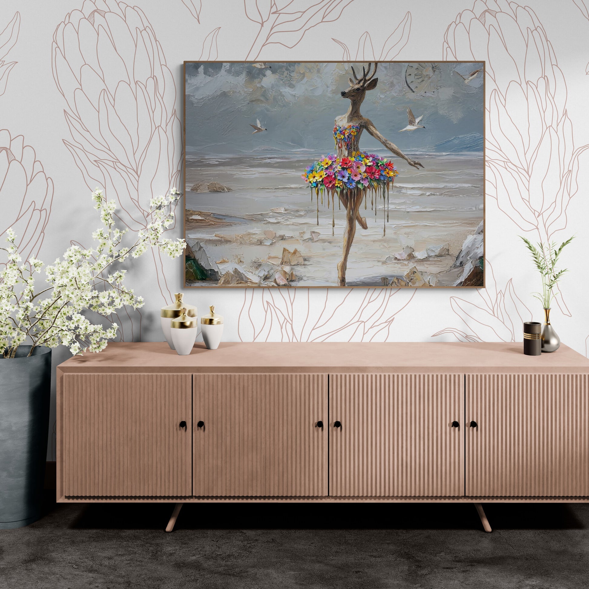 Wooden sideboard with decorative painting of a deer ballerina in a floral tutu on a wall.