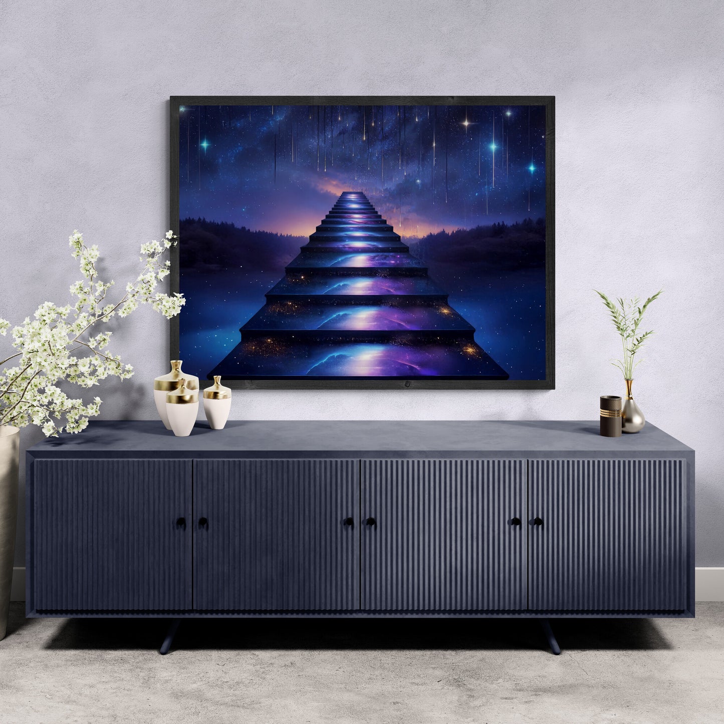 Fantasy wall art depicting a glowing staircase rising into a galaxy-filled night sky, symbolizing ascension, dreams, and cosmic wonder — a luminous surreal canvas print for imaginative interiors.