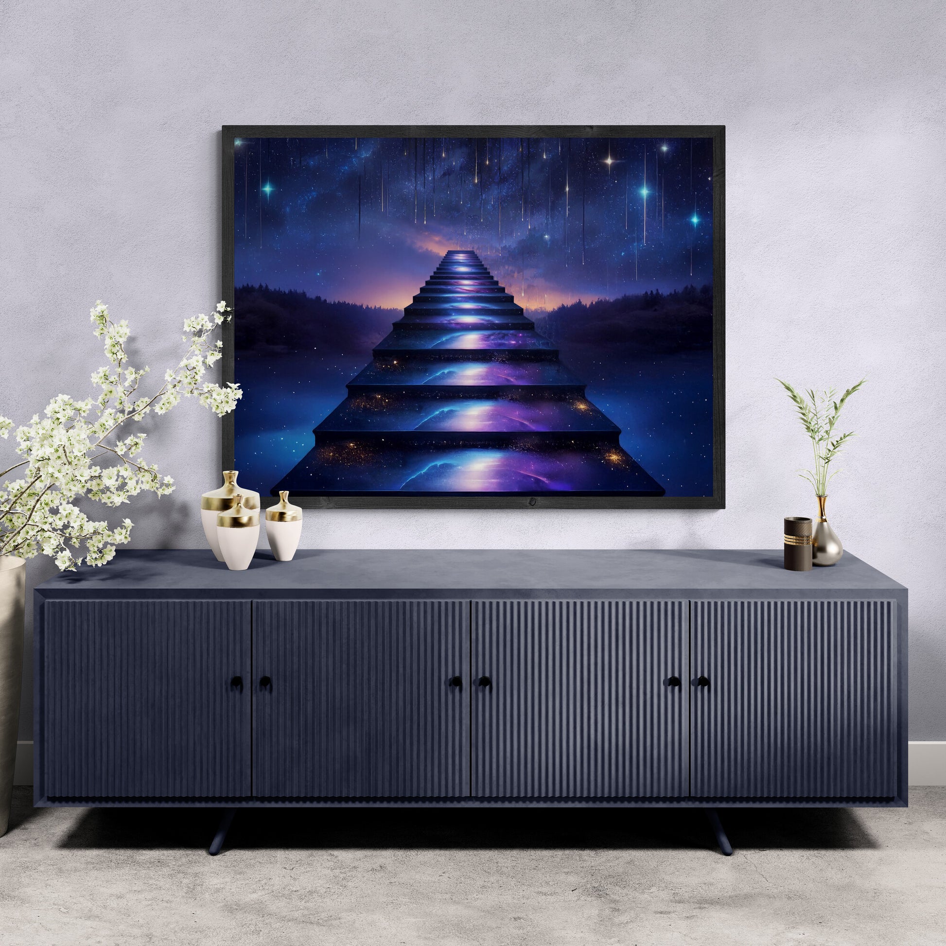 Fantasy wall art depicting a glowing staircase rising into a galaxy-filled night sky, symbolizing ascension, dreams, and cosmic wonder — a luminous surreal canvas print for imaginative interiors.
