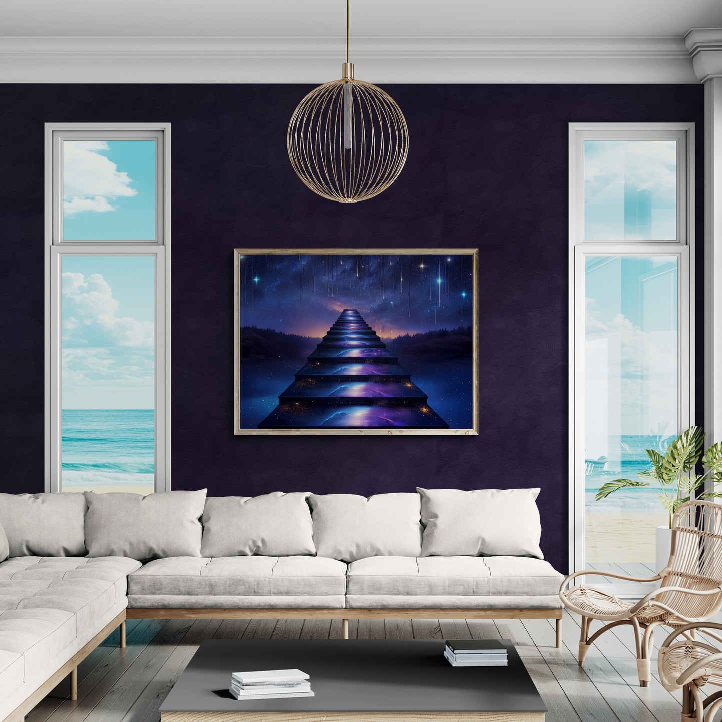 Surreal cosmic canvas print featuring a luminous staircase ascending through galaxies and starlight.