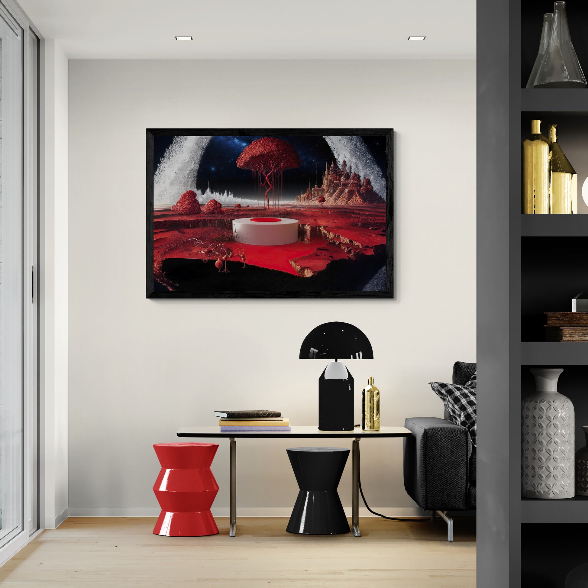 Modern interior with abstract artwork on the wall, red stool, black table, and gray sofa. Red surreal cosmic dreamscape canvas wall art, fantasy landscape print with celestial horizon.