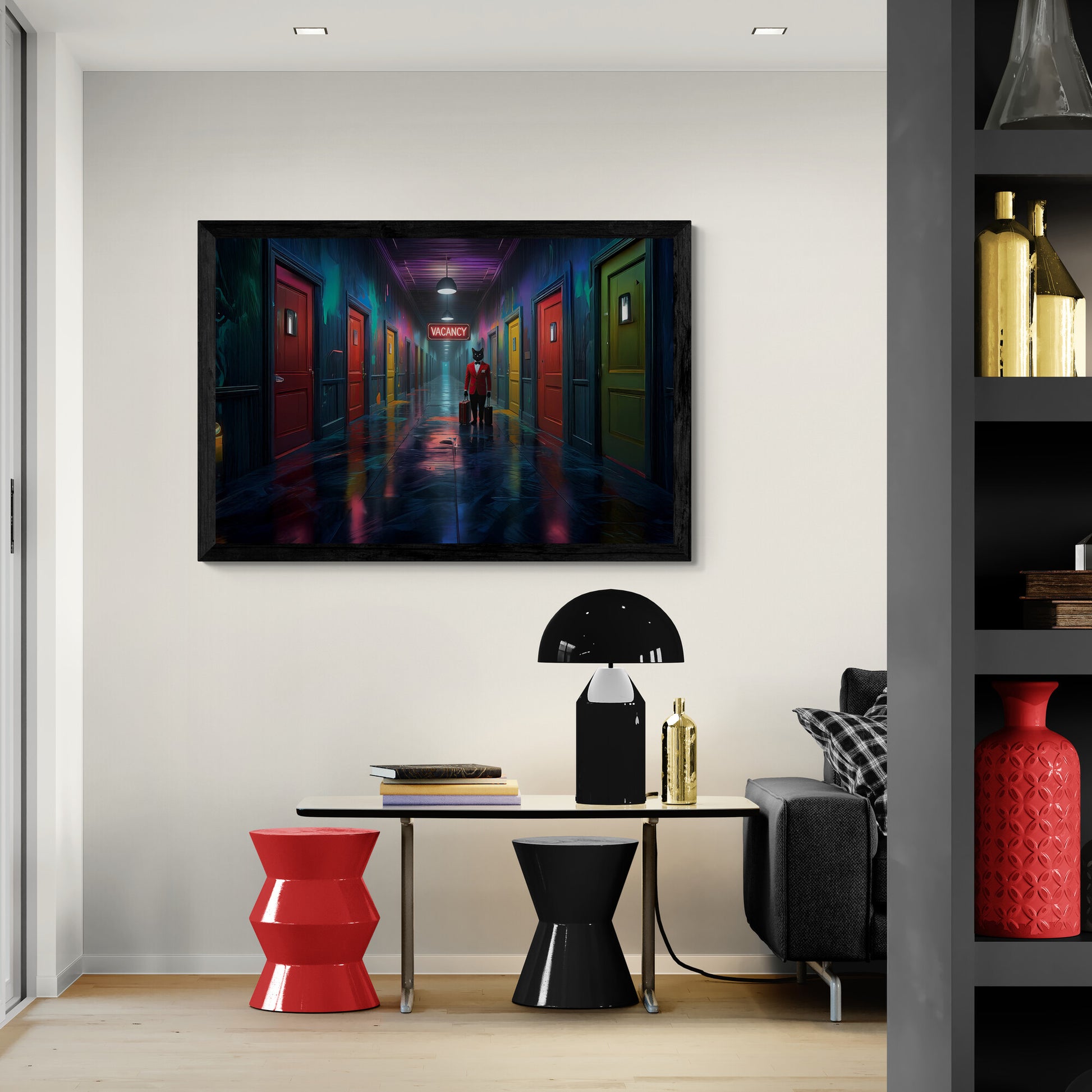 Modern interior with a anthropomorphic cat in tuxedo standing in colorful hotel hallway with neon vacancy sign canvas print on the wall, red stool, black table, and gray sofa.