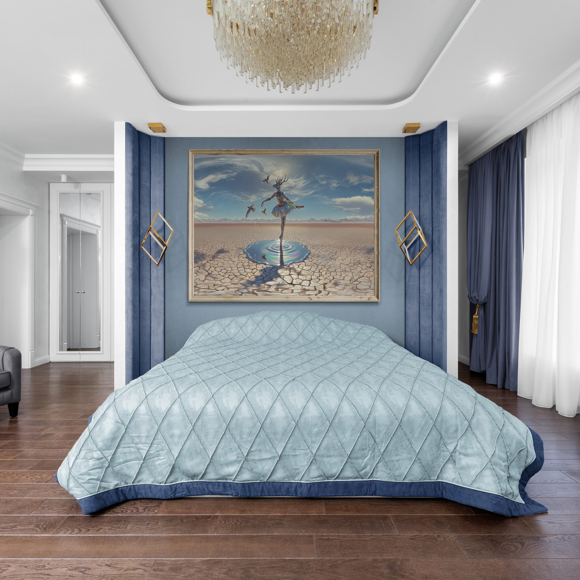 Horizontal deer ballerina canvas wall art, surreal fantasy dance print with dreamlike details above bed.