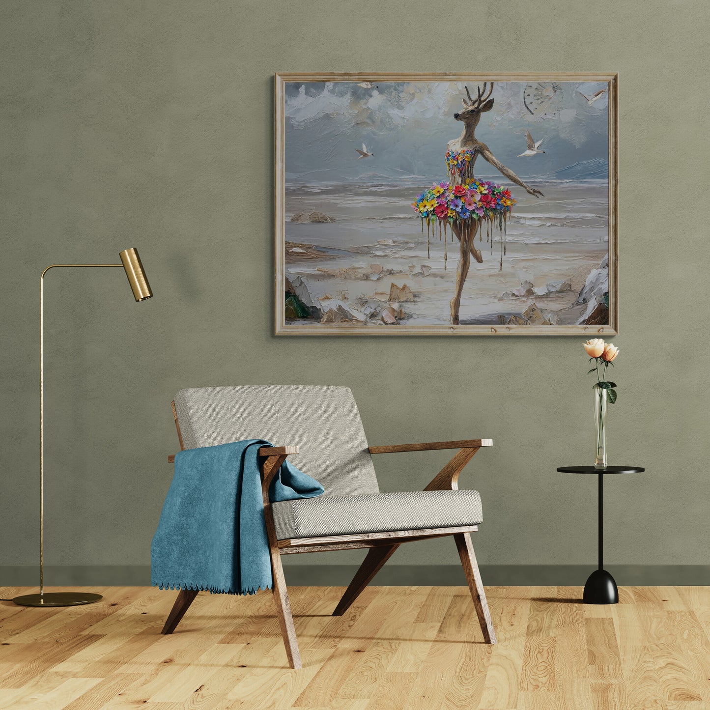 Large floral deer ballerina canvas displayed above modern interior with a chair and lamp, whimsical fantasy wall décor.