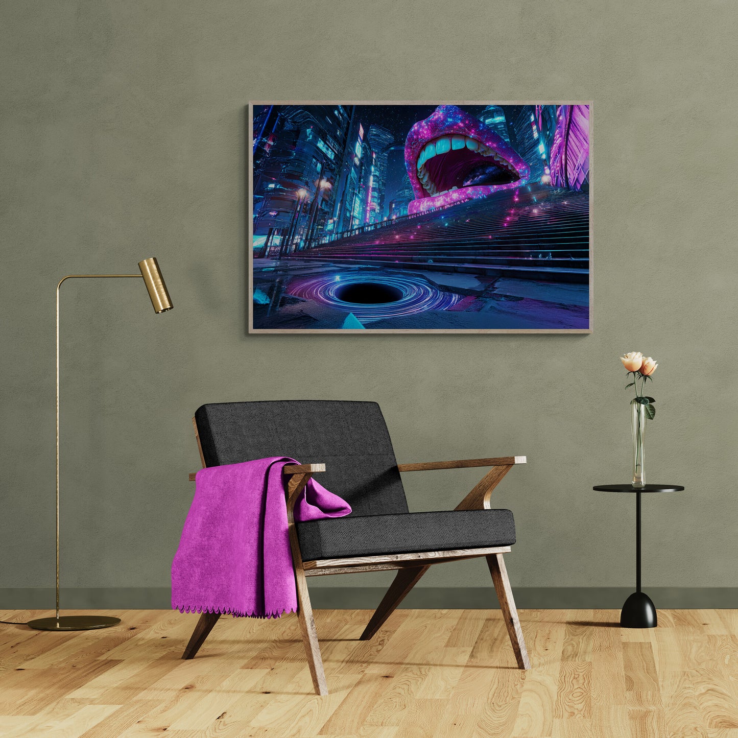 Modern interior with a chair, lamp, and table against a gray wall with a horizontal canvas featuring surreal neon city, glowing portal, and cosmic galaxy mouth.