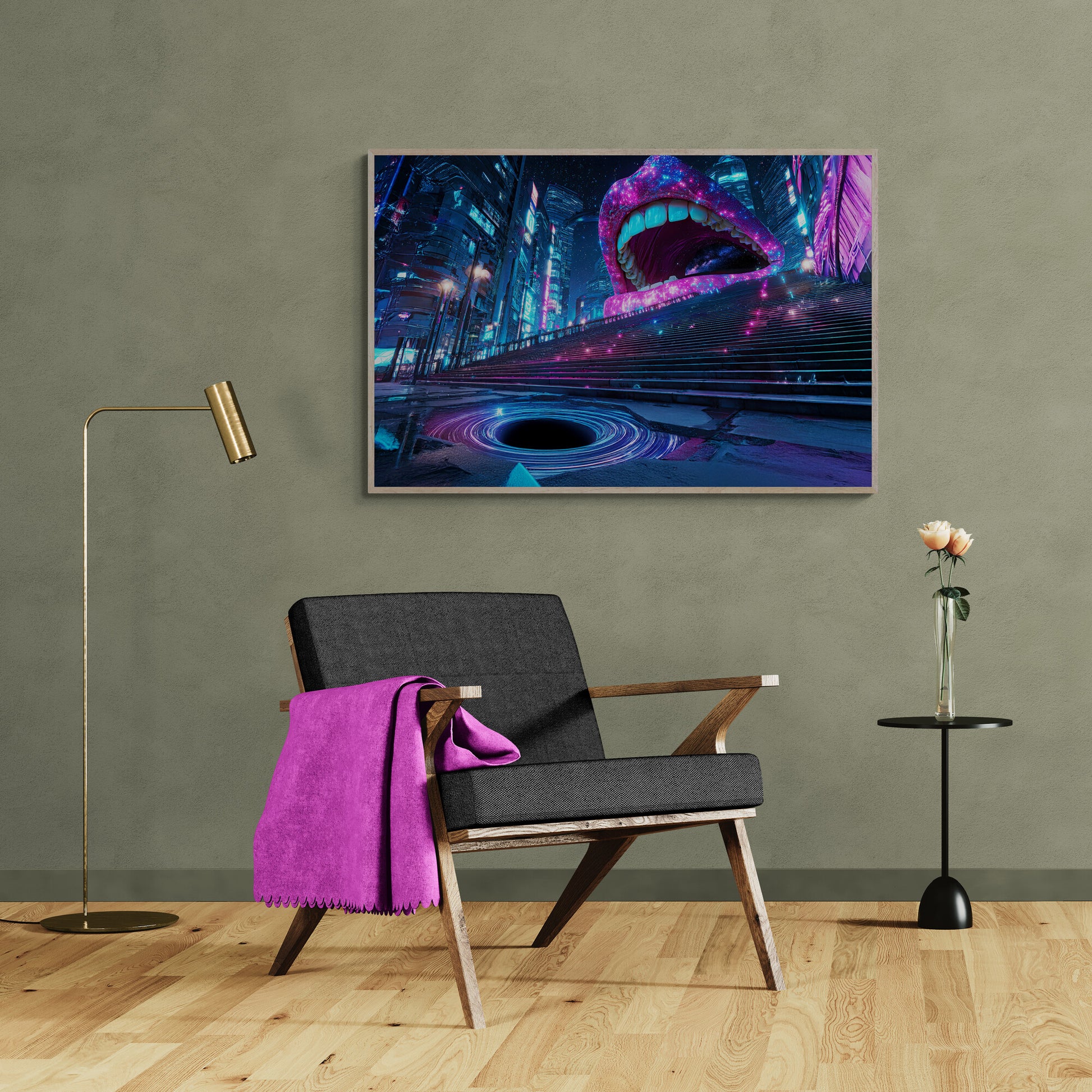 Modern interior with a chair, lamp, and table against a gray wall with a horizontal canvas featuring surreal neon city, glowing portal, and cosmic galaxy mouth.