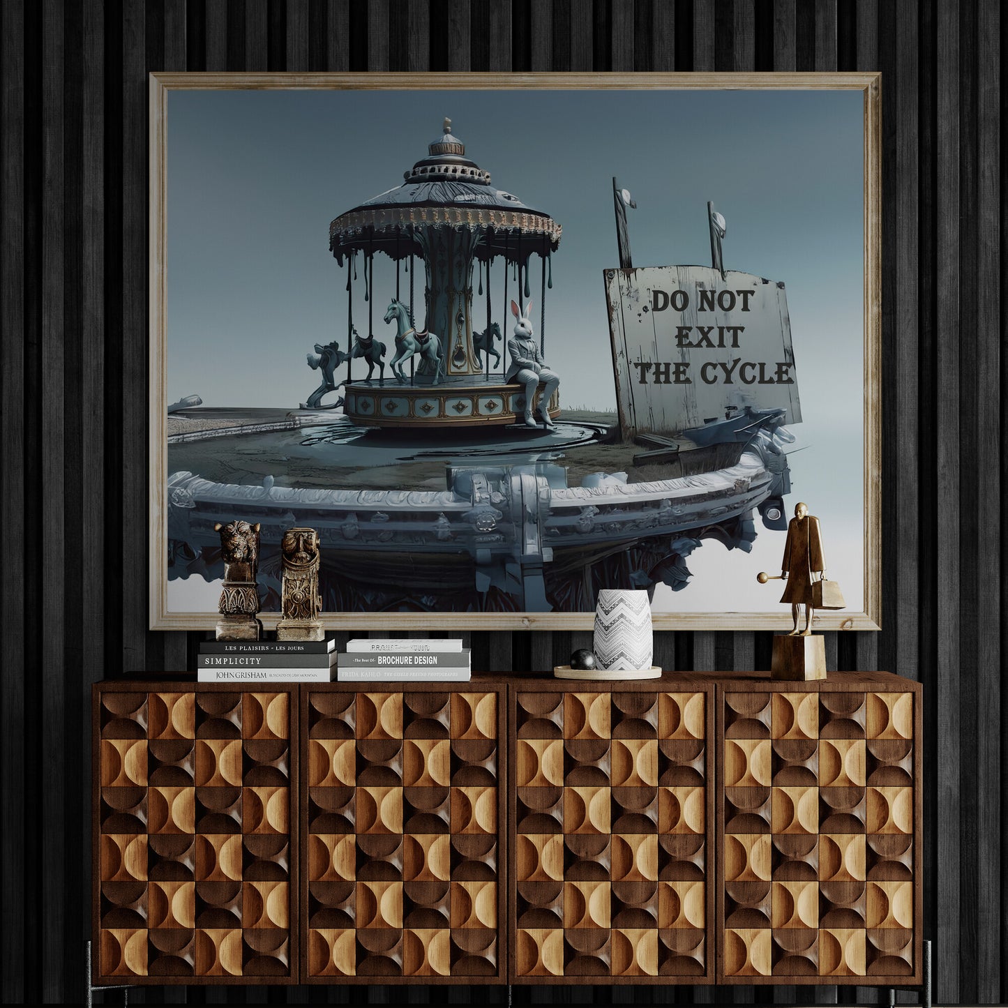 Surreal artwork of a white rabbit sitting on a carousel with pale blue horses beside a weathered sign that reads 'Do Not Exit the Cycle' against a muted sky.