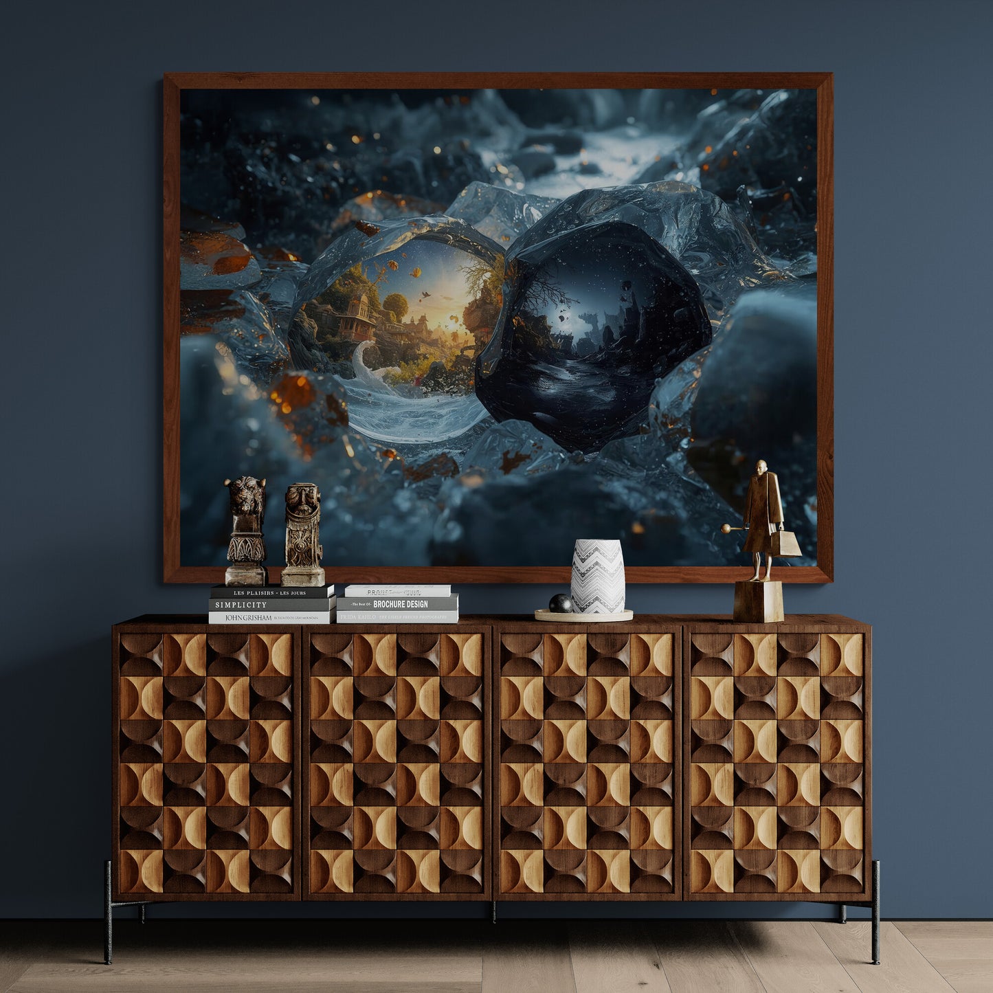 A surreal abstract wall art piece showing two miniature worlds — one of sunlight and warmth, the other of night and shadow — encased in crystal-like shapes.