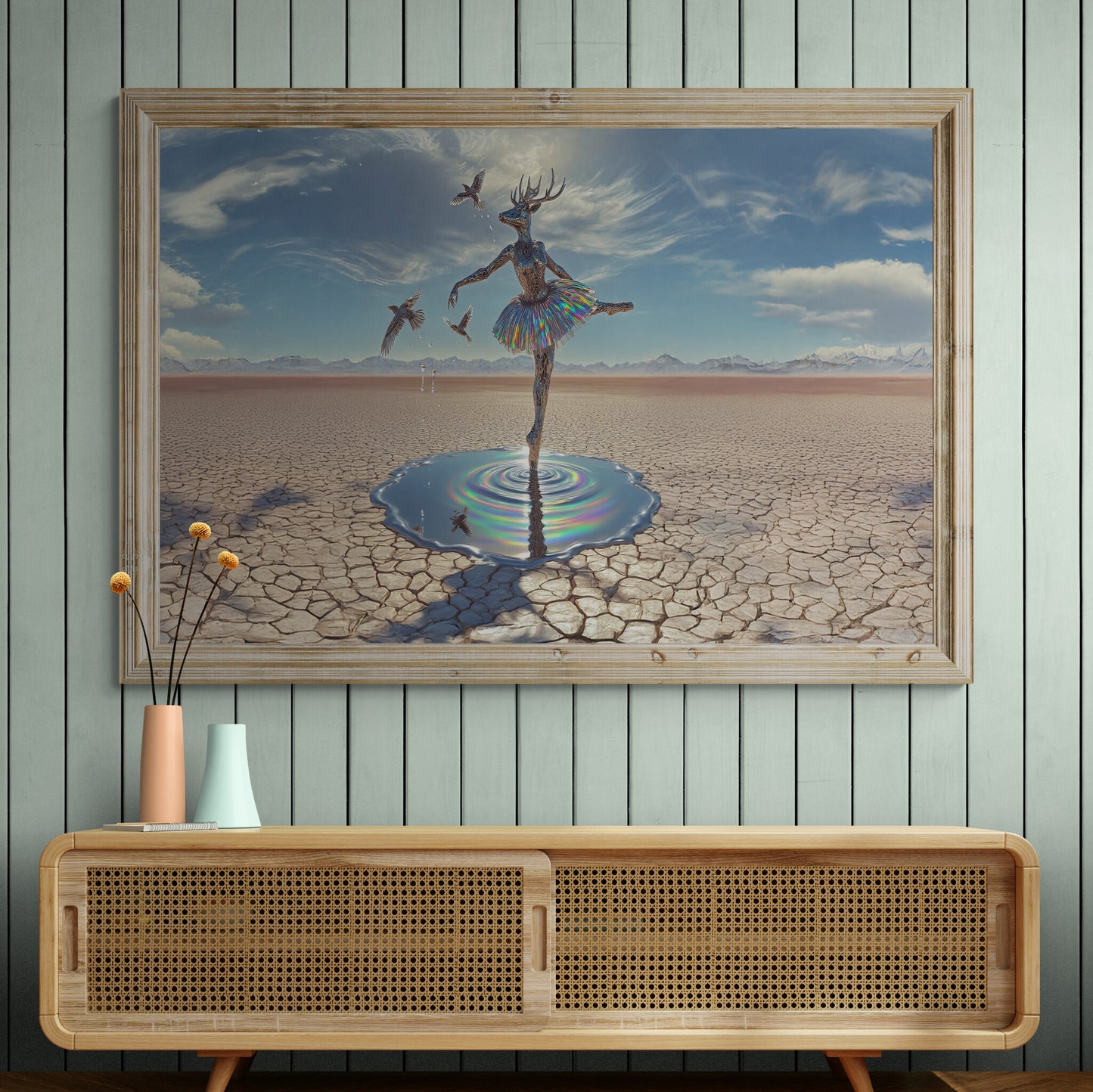 Horizontal deer ballerina canvas wall art, surreal fantasy dance print with dreamlike details above cabinet. Canvas with cracked desert and silver prism deer ballerina.