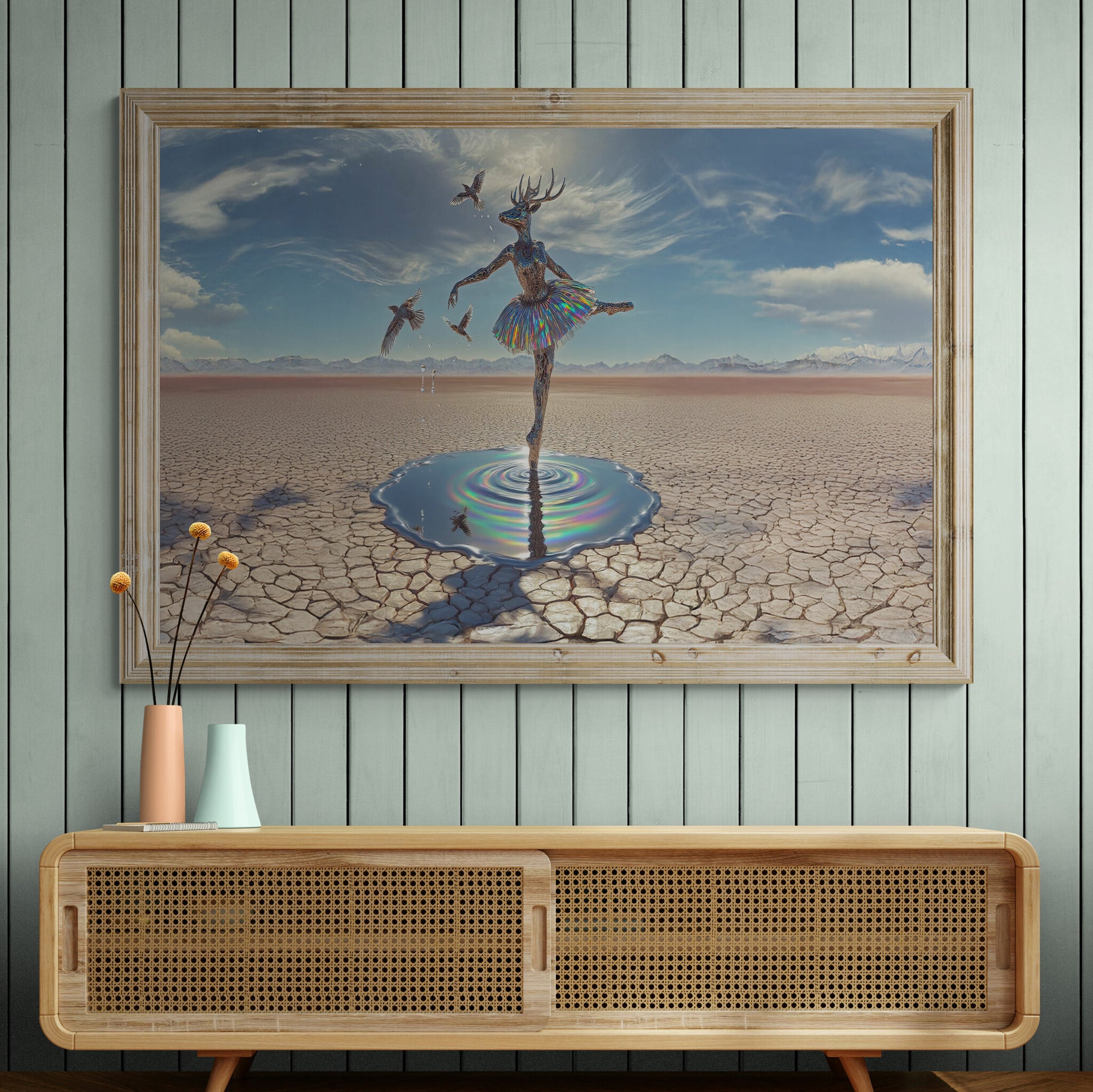 Horizontal deer ballerina canvas wall art, surreal fantasy dance print with dreamlike details above cabinet. Canvas with cracked desert and silver prism deer ballerina.