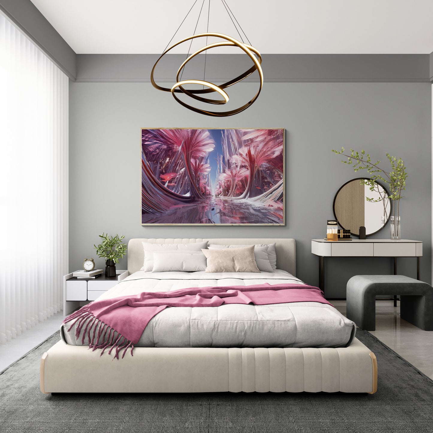 Modern oversized wall art depicting pink fantasy garden in a surreal reflective world displayed in a modern bedroom.